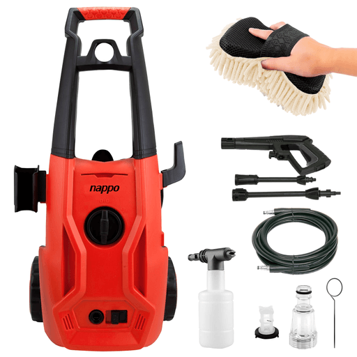 Hidrolavadora Nappo con motor de 1800W de potencia, muy fácil de armar y usar. Posee una presión máxima de 130 BAR y un flujo máximo de agua de 7.5lts/min y una temperatura máxima de agua de 50ºC. Perfecto para limpieza en exteriores: fácil y rápido para vehículos, coches, casas, calzadas, cubiertas y patios. Además, incluye jabonera.