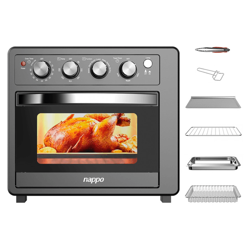 Este horno eléctrico NAPPO 7 en 1 es ideal para preparar tus recetas favoritas. Con 7 funciones, potencia de 1700W y una amplia capacidad de 25L te permite cocinar una variedad de platos fácilmente. Además, cuenta con panel de control manual, temporizador, luz interior y prácticos accesorios como rejillas, bandeja para hornear, bandeja recogemigas, asa y pinza para que puedas utilizarlo cómodamente.