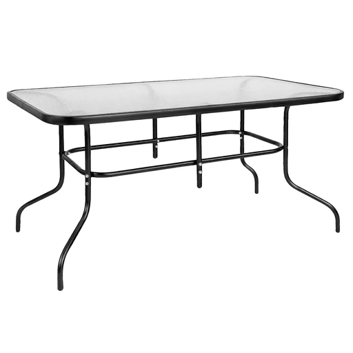 Renueva tus espacios con esta mesa de jardín EMPOLi, ideal para disfrutar reuniones al aire libre o sumar un toque moderno en interiores. Su superficie de vidrio transparente con efecto agua aporta estilo y fácil limpieza, mientras que la estructura de acero con recubrimiento en polvo negro garantiza firmeza y durabilidad. Con medidas de 150 x 90 x 70cm, un peso aproximado de 21,5kg y una capacidad de carga de hasta 50kg, es una opción práctica, resistente y versátil para tu hogar.