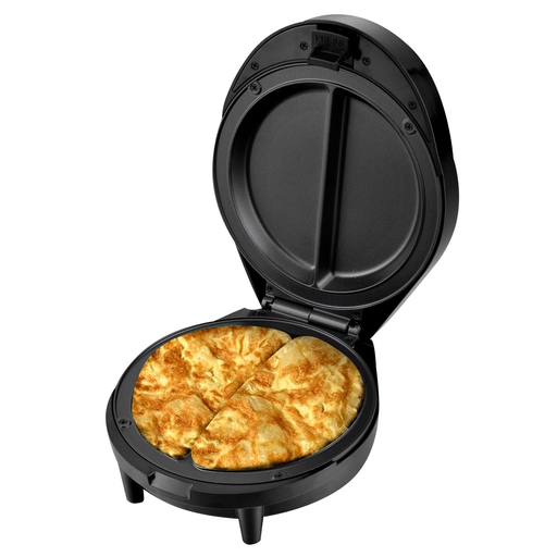 Esta omeletera eléctrica NAPPO con 1000W de potencia y 2 divisiones te permite hacer ricos y fáciles omelettes, también tortillas, panqueques, quesadillas, crepes, empanadas, calzones, burritos, panes, papas suizas, pizza y mucho más. Gracias a sus placas antiadherentes no tendrás que utilizar aceite ya que evitan que tu comida se pegue, facilitando su limpieza. Tiene pies antideslizantes, almacenamiento de cable y mango Cool-Touch que es frío al tacto y seguro de usar mientras que cocinas.