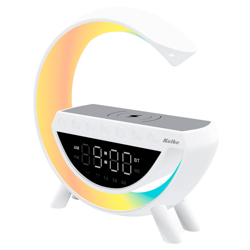 La lámpara veladora Kolke LED RGB con parlante y cargador inalámbrico es un dispositivo versátil que combina sonido envolvente de alta calidad, iluminación acogedora y la comodidad de la carga inalámbrica. El parlante Bluetooth integrado se conecta de forma inalámbrica a cualquier dispositivo compatible, permitiéndote disfrutar de música de alta calidad en cualquier momento y lugar. Además, cuenta con 13 configuraciones de luces de colores, reloj digital con pantalla LED y alarma.