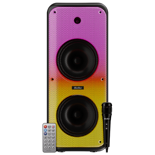 El parlante Kolke Vibes combina potencia y portabilidad para llevar la música a otro nivel. Con dos woofers de 8” y una potencia de 550W (14000W PMPO), ofrece un sonido potente y envolvente. Su conexión inalámbrica Bluetooth 5.0 permite reproducir música sin cables con un alcance de hasta 10 metros, mientras que su batería recargable de 2400mAh garantiza horas de entretenimiento. Incorpora un display LED, luces RGB en el panel frontal, función TWS para sincronizarlo con otro parlante, y un sistema de karaoke con micrófono y control remoto incluidos. Su diseño portátil con manija facilita su transporte, ideal para cualquier ocasión.