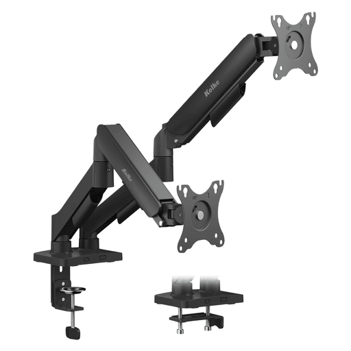 El Soporte Articulado Doble Kolke con sistema hidráulico es ideal para optimizar tu espacio de trabajo y soporta dos monitores de 17