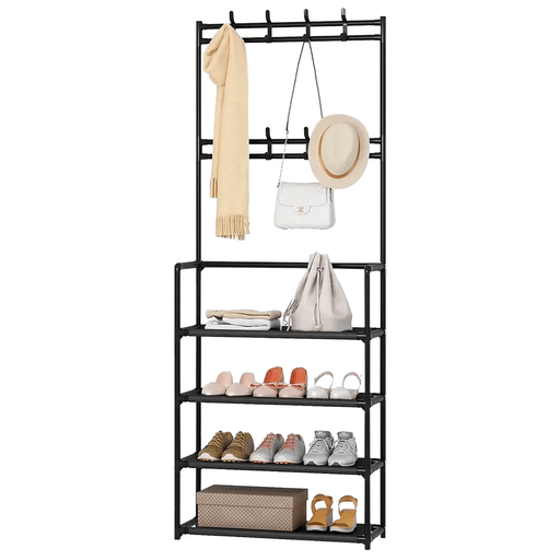 El perchero y zapatero con 4 estantes y 8 ganchos removibles es la solución perfecta para guardar tus pertenencias. Con su diseño desmontable, puedes adaptarlo a tus necesidades y cambiar su ubicación fácilmente. Su estructura es de tubos de hierro resistente que garantiza durabilidad y estabilidad, mientras que los estantes extraíbles de tela impermeable proporcionan un espacio adicional para organizar tus zapatos y accesorios. Además es versátil, ya que se adapta a diferentes espacios de tu hogar como la sala de estar, dormitorio e incluso en el baño.