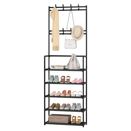 El perchero y zapatero DecoTeam es una solución 2 en 1 práctica y moderna que combina 5 niveles de almacenamiento con 8 ganchos de plástico removibles, ideal para mantener ordenados zapatos, abrigos, bolsos y más. Su estructura en acero inoxidable resistente y liviano garantiza estabilidad y durabilidad, mientras que los estantes de tela impermeable y desmontable permiten una limpieza sencilla. Con un diseño en forma de L que ahorra espacio y un estilo elegante y funcional, es perfecto para pasillos, oficinas o salas de estar.